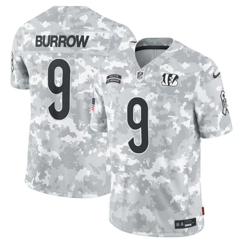 Men Cincinnati Bengals #9 Burrow Nike Arctic Camo 2024 Salute to Service Limited NFL Jersey